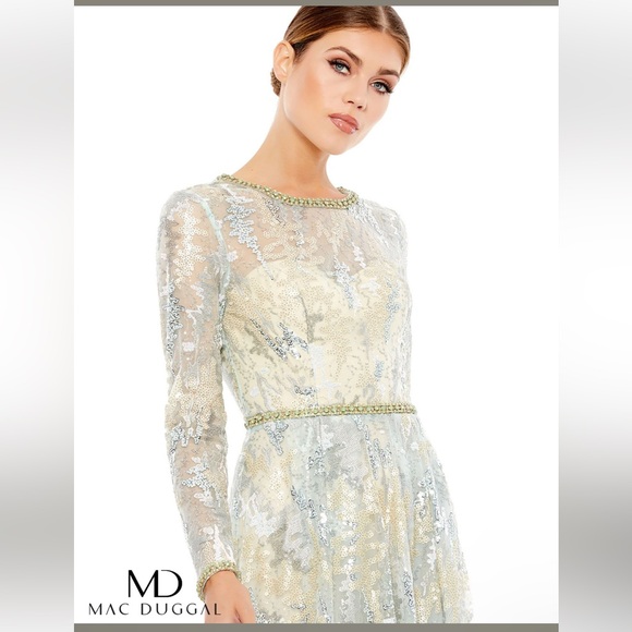 NWT Mac‎ Duggal Jewel Neckline Sequined Lace Evening Gown Platinum Size 12 - Picture 3 of 14